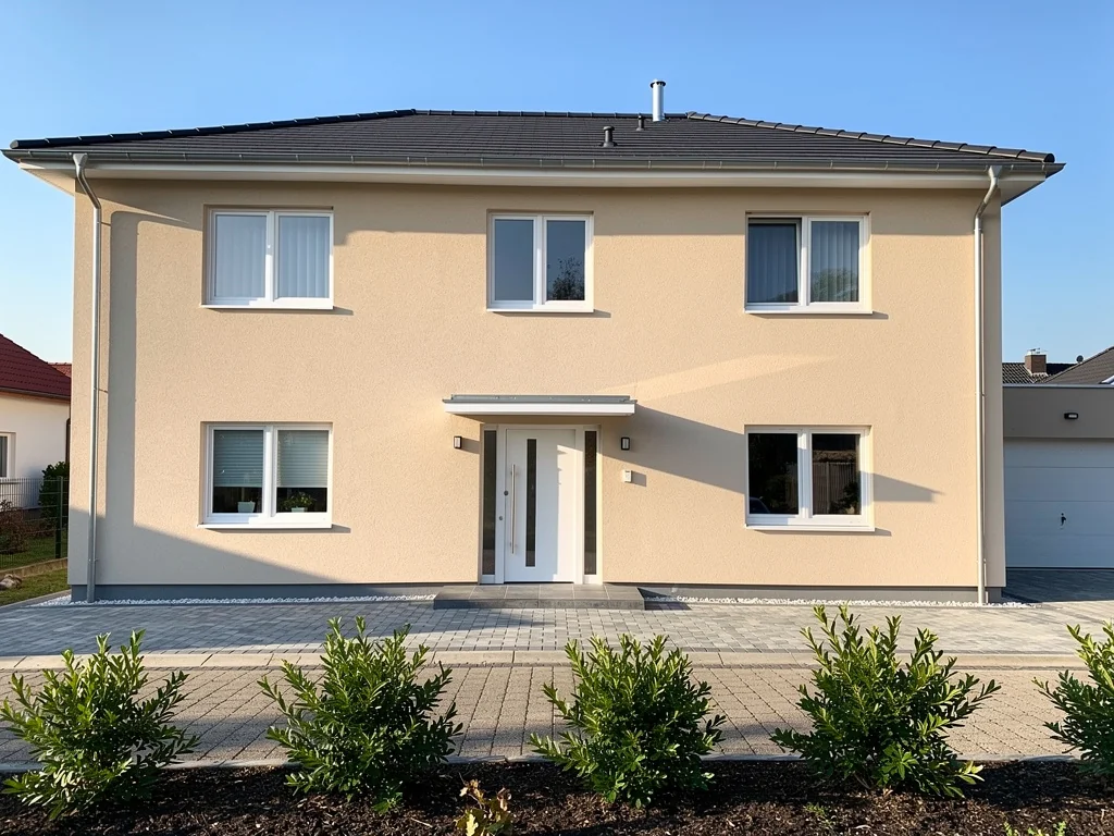 Façade de maison rénovée, enduit minéral beige lissé sur isolation extérieure