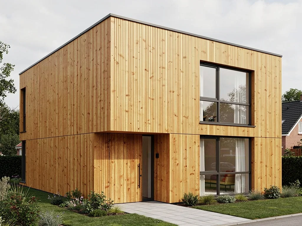 Maison habillée d'un bardage bois vertical ventilé sur isolation extérieure