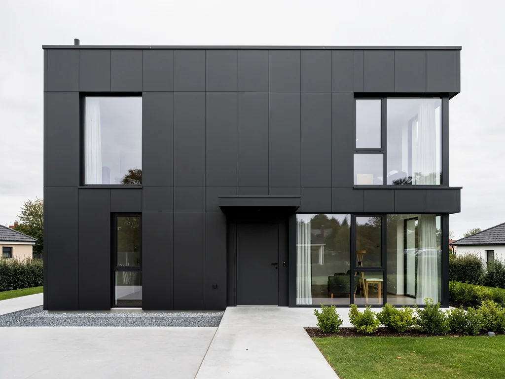 Façade contemporaine en bardage composite gris anthracite après isolation par l'extérieur