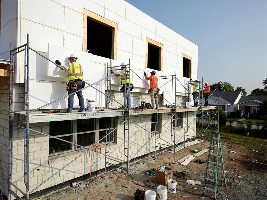Pose de panneaux isolants sur un mur de façade avec échafaudage